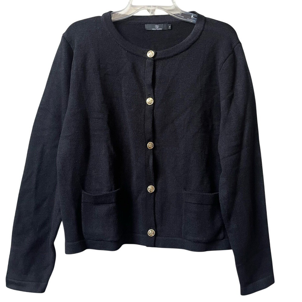 LILLUSORY Cardigan Sweater Womens Large Black Gold Military Buttons Pockets